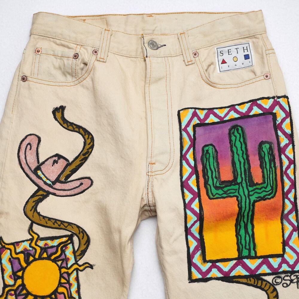 Vintage Levi’s 501 Jeans W31 L34 USA Made Painted Western Art Cactus‎ Snake Sun - Picture 2 of 13